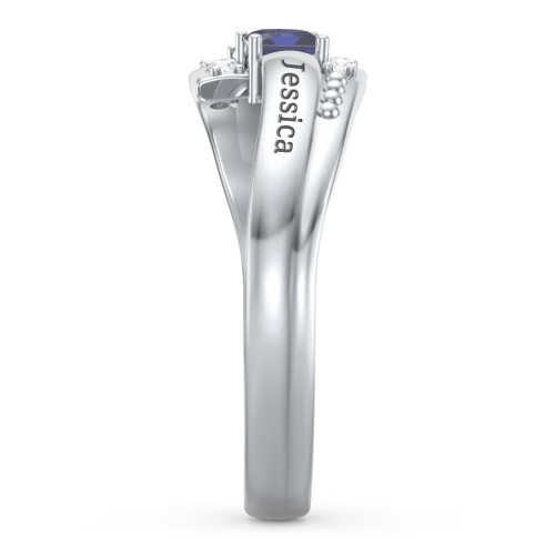 Engravable Bypass Ring with Princess Cut Gemstones and Accents – Sterling Silver with Blue Sapphire and White Premium Zirconia