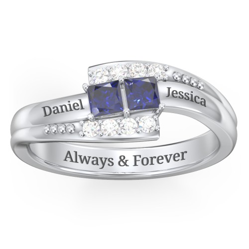 Engravable Bypass Ring with Princess Cut Gemstones and Accents – Sterling Silver with Blue Sapphire and White Premium Zirconia