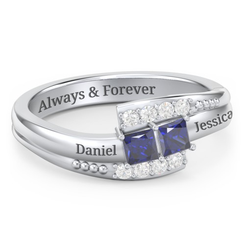 Engravable Bypass Ring with Princess Cut Gemstones and Accents – Sterling Silver with Blue Sapphire and White Premium Zirconia