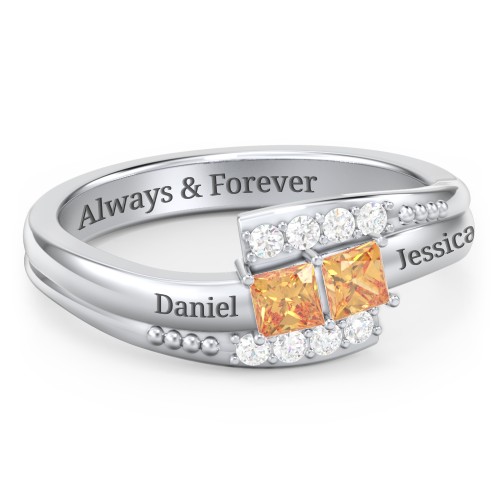 Engravable Bypass Ring with Princess Cut Gemstones and Accents – Sterling Silver with Citrine and White Premium Zirconia