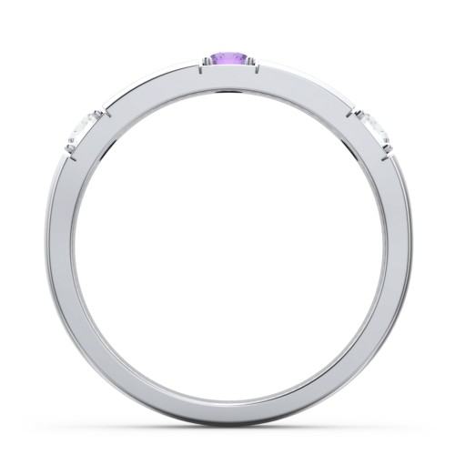 Elegant Three Gemstone Ring – Sterling Silver with Cubic Zirconia and Amethyst