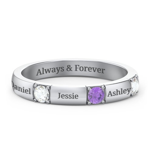 Elegant Three Gemstone Ring – Sterling Silver with Cubic Zirconia and Amethyst