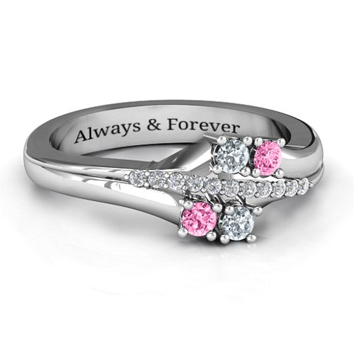 Four Stone Ring with Accents – Sterling Silver with Cubic Zirconia and Pink Tourmaline