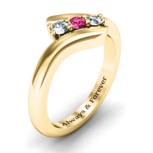 Three Stone Classic Bypass Ring – 10K Yellow Gold with Cubic Zirconia and Ruby