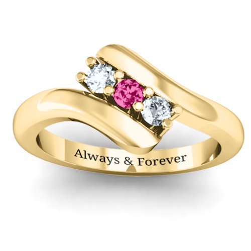 Three Stone Classic Bypass Ring – 10K Yellow Gold with Cubic Zirconia and Ruby