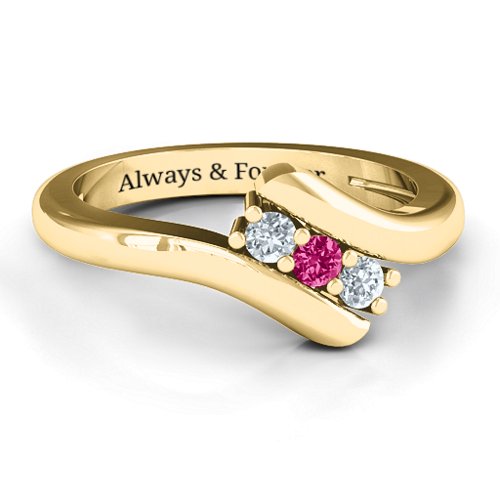 Three Stone Classic Bypass Ring – 10K Yellow Gold with Cubic Zirconia and Ruby