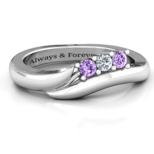 Three Stone Single Bypass Ring – Sterling Silver with Amethyst and Cubic Zirconia