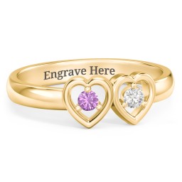 Kissing Hearts Ring in 14K Solid Yellow Gold with Amethyst and Cubic Zirconia