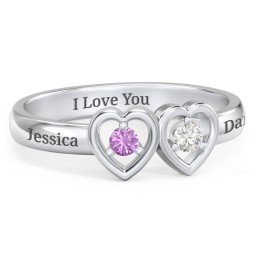 Kissing Hearts Ring in 925 Sterling Silver with Amethyst and Cubic Zirconia
