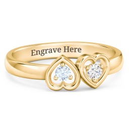 Inverted Kissing Hearts Ring in 14K Solid Yellow Gold with Aquamarine and Cubic Zirconia