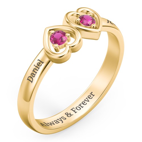 Inverted Kissing Hearts Ring – 18K Gold Plated Silver with Ruby