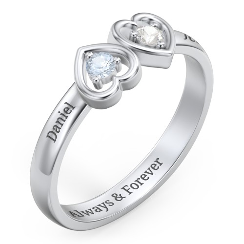 Inverted Kissing Hearts Ring – 10K White Gold with Aquamarine and Cubic Zirconia