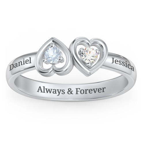 Inverted Kissing Hearts Ring – 10K White Gold with Aquamarine and Cubic Zirconia
