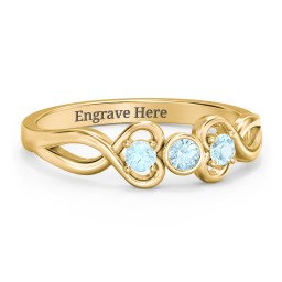 Twin Hearts with Centre Bezel Ring in 18K Gold Plated Silver with Blue Topaz