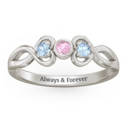 Twin Hearts with Centre Bezel Ring – 10K White Gold with Pink Tourmaline and Blue Topaz