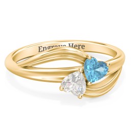 A "Couple" of Hearts Ring in 14K Solid Yellow Gold with Blue Topaz and Cubic Zirconia