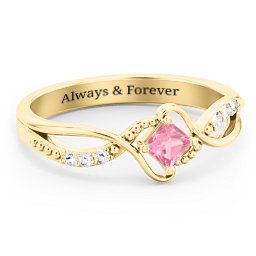 Solitaire Princess Cut Ring with Twisted Split Shank and Accents in 18K Gold Plated Silver with Pink Tourmaline