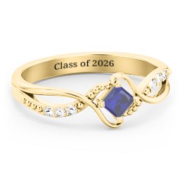 Solitaire Princess Cut Ring with Twisted Split Shank and Accents in 18K Gold Plated Silver with Blue Sapphire