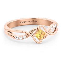 Solitaire Princess Cut Ring with Twisted Split Shank and Accents