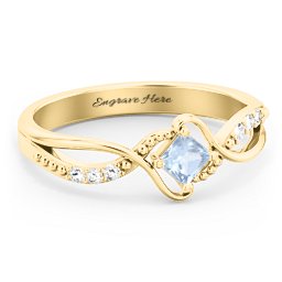Solitaire Princess Cut Ring with Twisted Split Shank and Accents in 18K Gold Plated Silver with Aquamarine