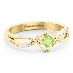 Solitaire Princess Cut Ring with Twisted Split Shank and Accents in 18K Gold Plated Silver with Peridot