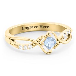 Solitaire Princess Cut Ring with Twisted Split Shank and Accents in 18K Gold Plated Silver with Aquamarine