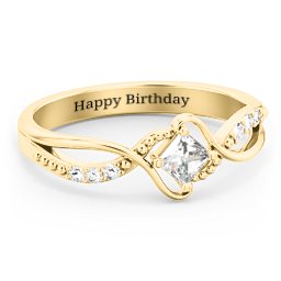 Solitaire Princess Cut Ring with Twisted Split Shank and Accents in 18K Gold Plated Silver with Lab Diamond