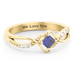 Solitaire Princess Cut Ring with Twisted Split Shank and Accents in 18K Gold Plated Silver with Blue Sapphire