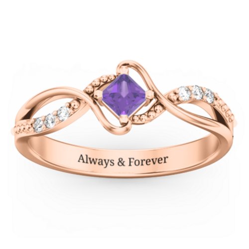 Solitaire Princess Cut Ring with Twisted Split Shank and Accents