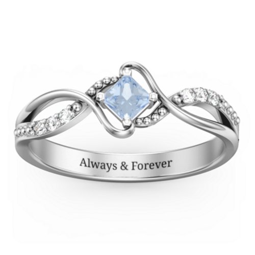 Solitaire Princess Cut Ring with Twisted Split Shank and Accents – Sterling Silver with Aquamarine and Cubic Zirconia