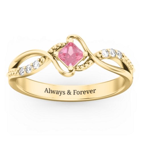Solitaire Princess Cut Ring with Twisted Split Shank and Accents – 18K Gold Plated Silver with Pink Tourmaline and Cubic Zirconia