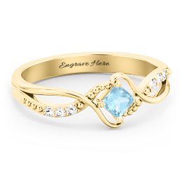 Solitaire Princess Cut Ring with Twisted Split Shank and Accents in 18K Gold Plated Silver with Blue Topaz