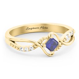 Solitaire Princess Cut Ring with Twisted Split Shank and Accents in 18K Gold Plated Silver with Blue Sapphire