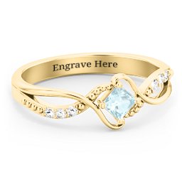Solitaire Princess Cut Ring with Twisted Split Shank and Accents in 18K Gold Plated Silver with Aquamarine