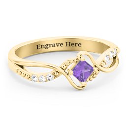 Solitaire Princess Cut Ring with Twisted Split Shank and Accents in 18K Gold Plated Silver with Amethyst