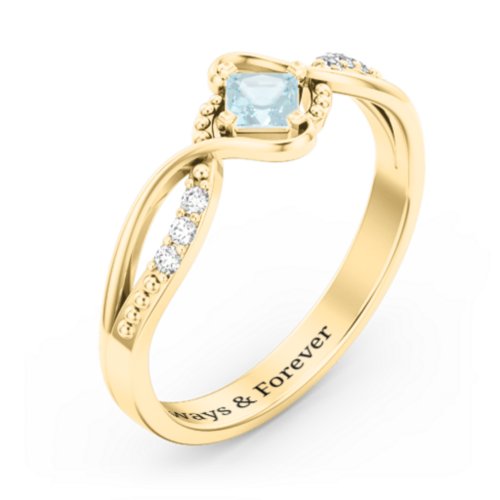 Solitaire Princess Cut Ring with Twisted Split Shank and Accents – 18K Gold Plated Silver with Aquamarine and Cubic Zirconia