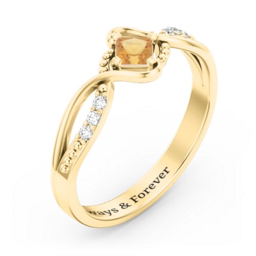 Solitaire Princess Cut Ring with Twisted Split Shank and Accents – 18K Gold Plated Silver with Citrine and Cubic Zirconia