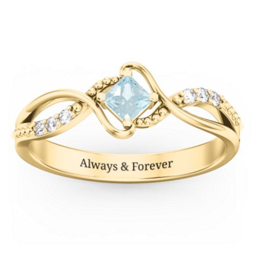 Solitaire Princess Cut Ring with Twisted Split Shank and Accents – 18K Gold Plated Silver with Aquamarine and Cubic Zirconia