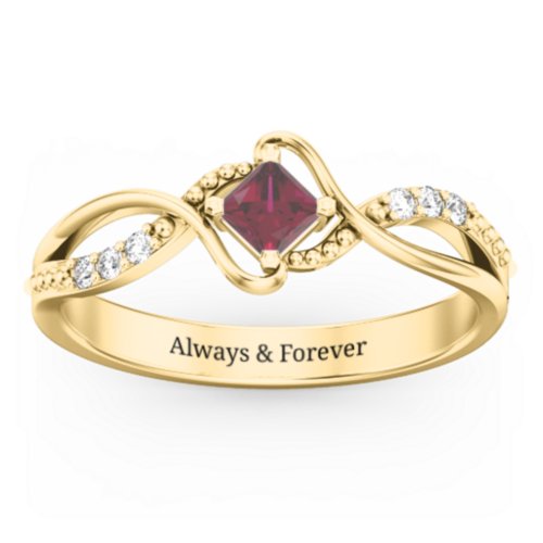 Solitaire Princess Cut Ring with Twisted Split Shank and Accents – 18K Gold Plated Silver with Ruby and Cubic Zirconia