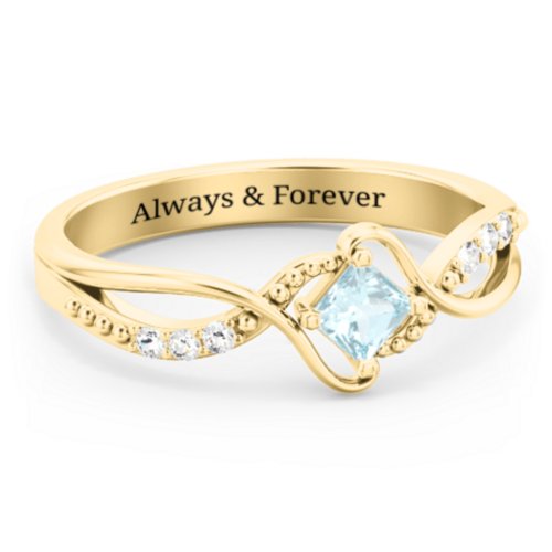 Solitaire Princess Cut Ring with Twisted Split Shank and Accents – 18K Gold Plated Silver with Aquamarine and Cubic Zirconia