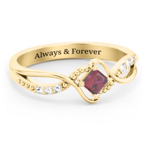 Solitaire Princess Cut Ring with Twisted Split Shank and Accents – 18K Gold Plated Silver with Ruby and Cubic Zirconia