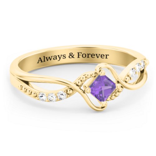 Solitaire Princess Cut Ring with Twisted Split Shank and Accents – 18K Gold Plated Silver with Amethyst and Cubic Zirconia