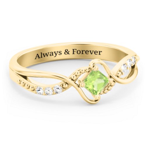 Solitaire Princess Cut Ring with Twisted Split Shank and Accents – 18K Gold Plated Silver with Peridot and Cubic Zirconia