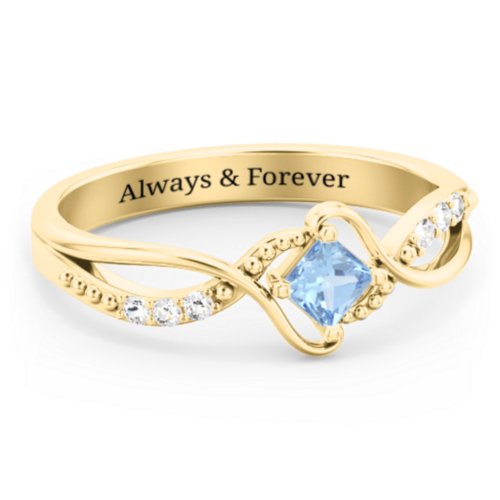 Solitaire Princess Cut Ring with Twisted Split Shank and Accents – 18K Gold Plated Silver with Blue Topaz and Cubic Zirconia