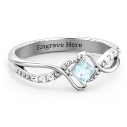 Solitaire Princess Cut Ring with Twisted Split Shank and Accents in 925 Sterling Silver with Aquamarine and Diamond