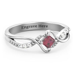 Solitaire Princess Cut Ring with Twisted Split Shank and Accents in 925 Sterling Silver with Ruby and Diamond