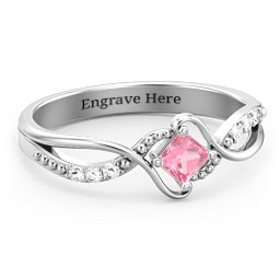 Solitaire Princess Cut Ring with Twisted Split Shank and Accents in 925 Sterling Silver with Pink Tourmaline and Diamond
