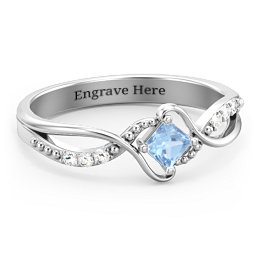 Solitaire Princess Cut Ring with Twisted Split Shank and Accents in 925 Sterling Silver with Blue Topaz and Diamond