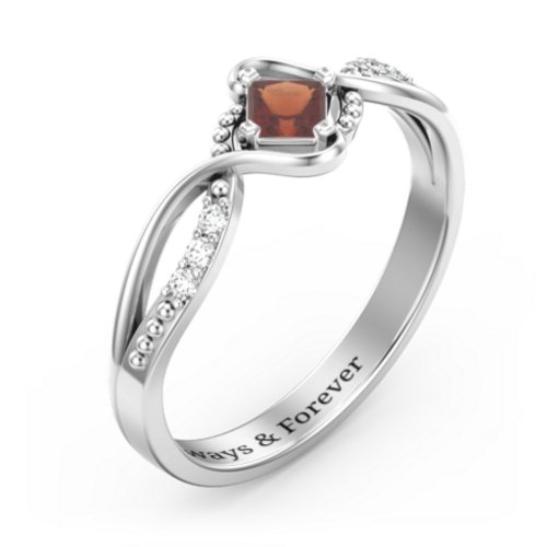 Solitaire Princess Cut Ring with Twisted Split Shank and Accents – Sterling Silver with Garnet and Cubic Zirconia