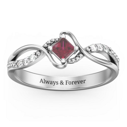 Solitaire Princess Cut Ring with Twisted Split Shank and Accents – Sterling Silver with Ruby and Cubic Zirconia